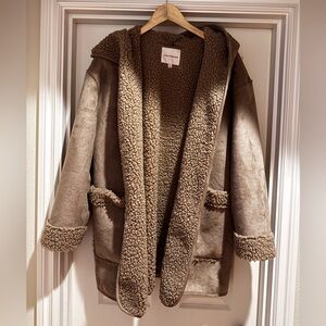 Lucky Brand Taupe Faux Shearling Hooded Coat